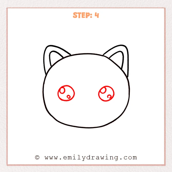 how to draw a cat face - Step 4 of how to draw a cat face—draw two round eyes on the face and add small highlight circles inside each eye.